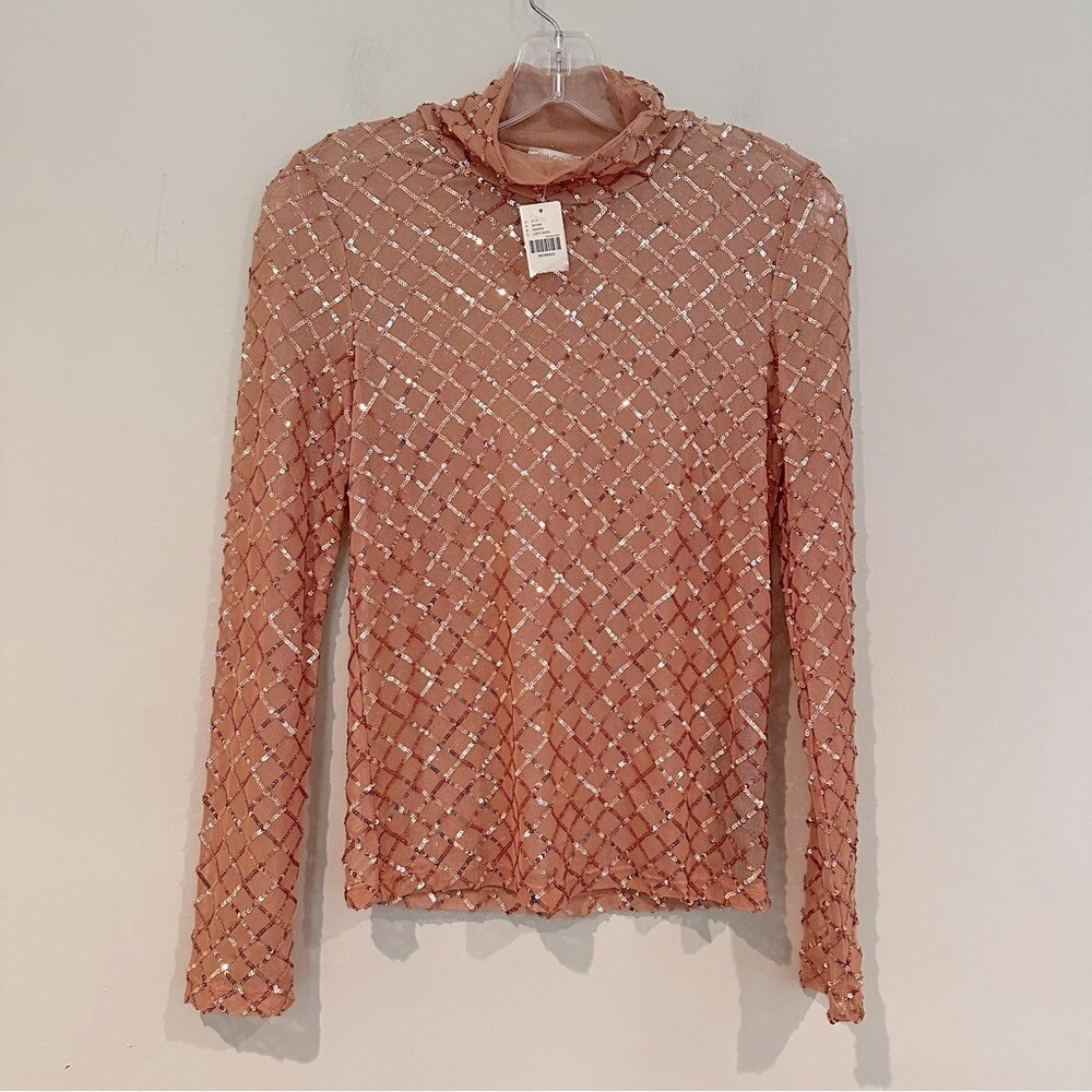 Pilcro Anthropologie Turtleneck Sequin Top Blouse Women's XS Light Sand Sheer - Picture 5 of 9